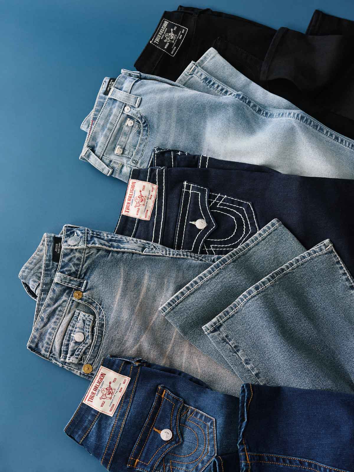 True religion jeans in light, medium, dark, acid, and black wash