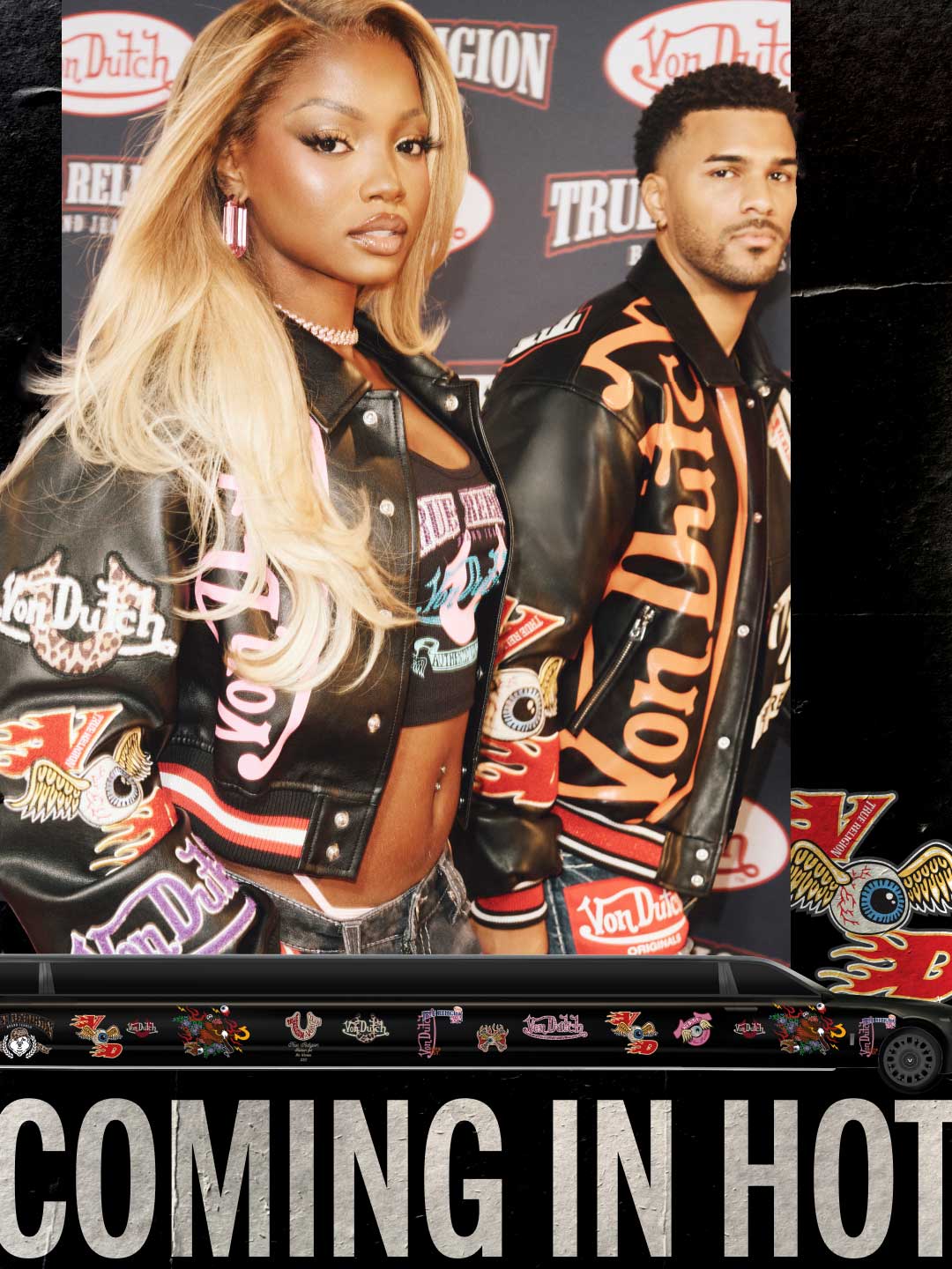 Lookbook slide showing models wearing True Religion's 2025 Von Dutch collection