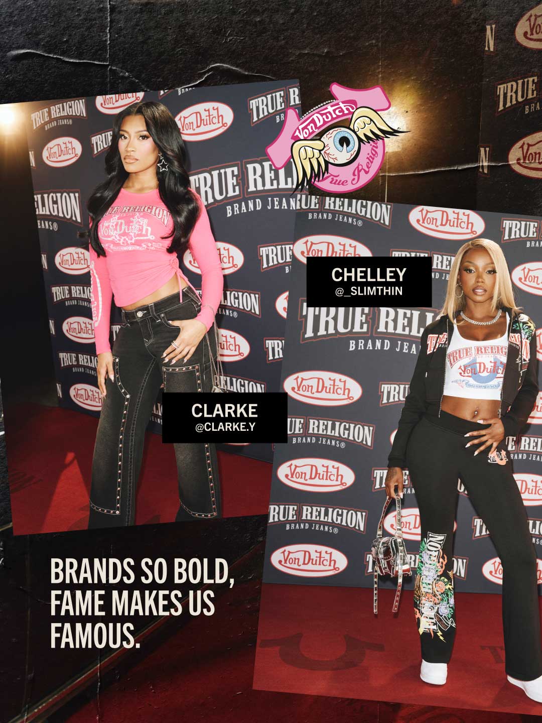 Lookbook slide showing models wearing True Religion's 2025 Von Dutch collection