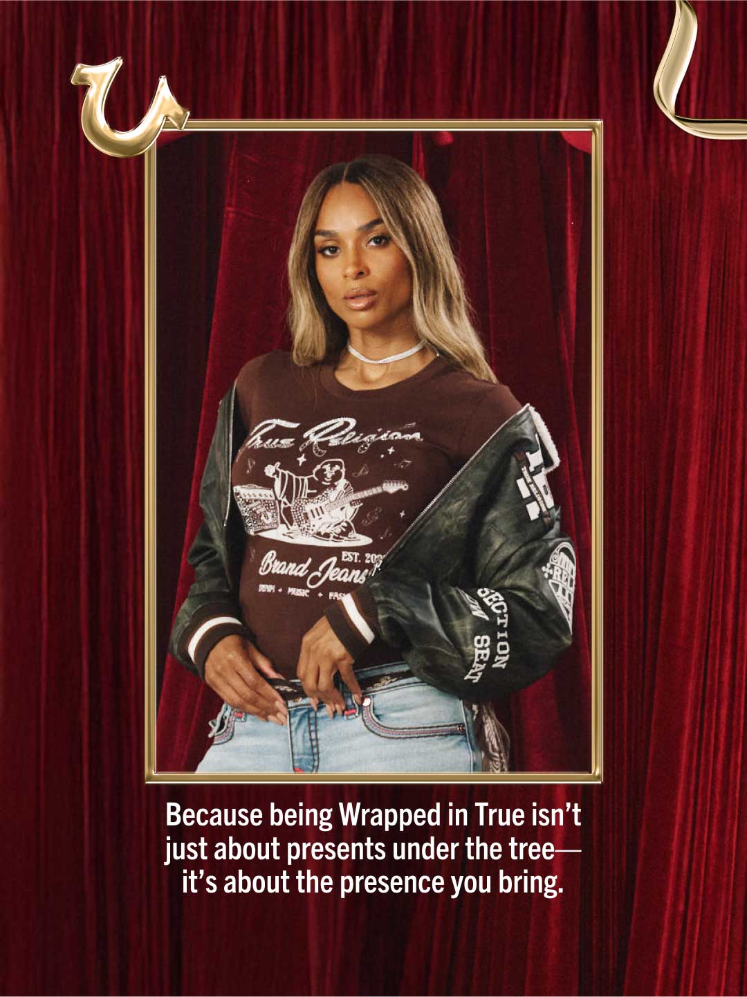 Lookbook slide showing Ciara wearing True Religion's 2025 Holiday collection