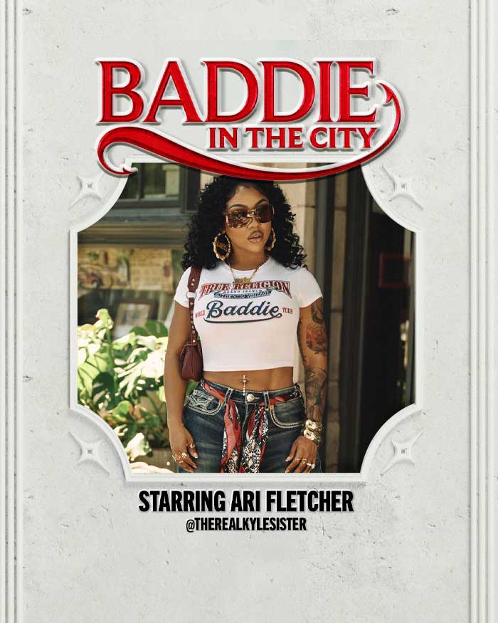 Ari Fletcher wearing Baddie in the City True Religion collab camo sweat set and jeans and baby tee 