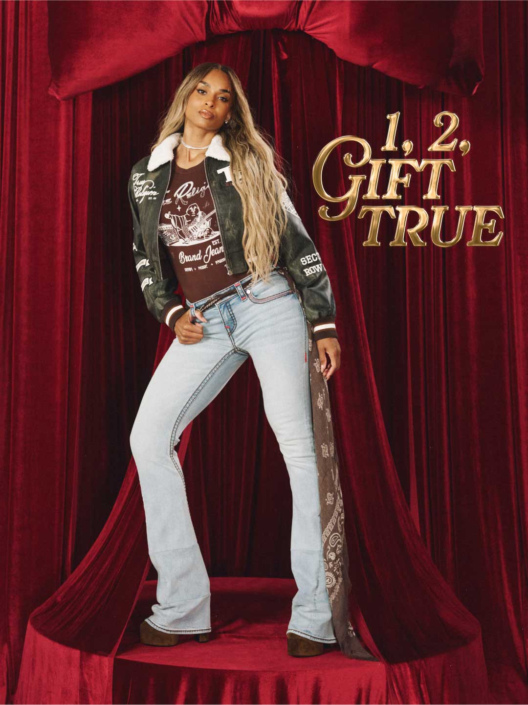 Lookbook slide showing Ciara wearing True Religion's 2025 Holiday collection