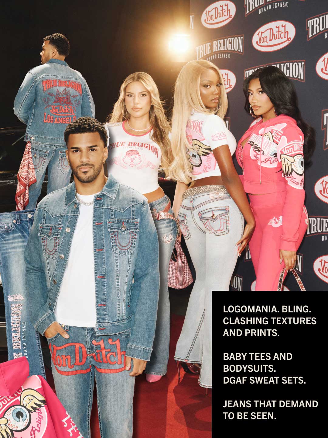 Lookbook slide showing models wearing True Religion's 2025 Von Dutch collection